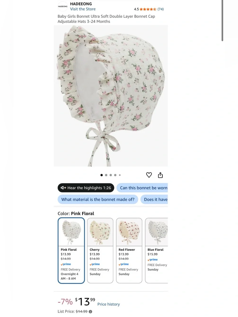 Floral Ruffle Baby Bonnet - Pink/White
